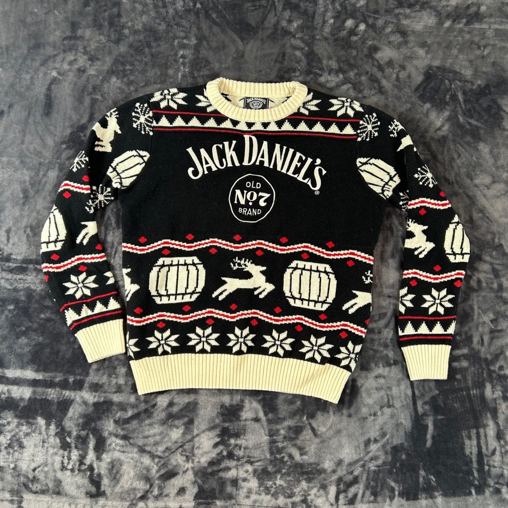 Jack Daniels Sweater Mens Small Black Fair Isle Reindeer Whiskey Barrel Knit